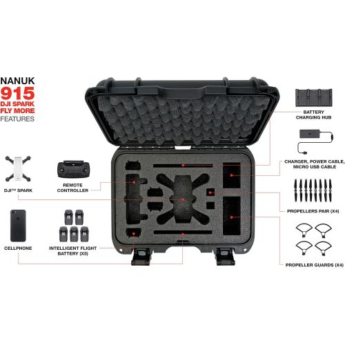  Nanuk 915 Waterproof Hard Drone Case with Custom Foam Insert for DJI Spark Flymore - Black