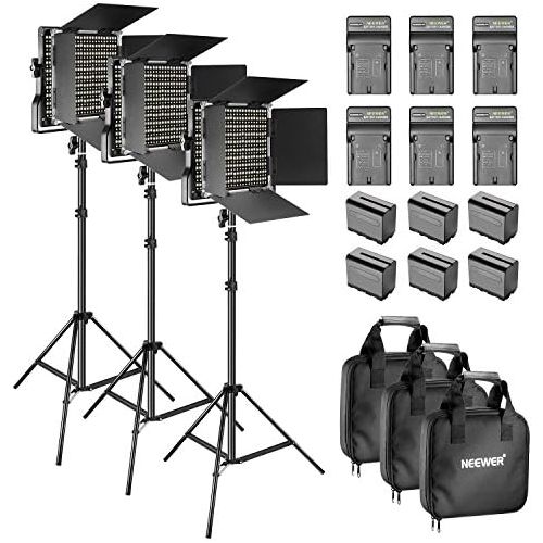 니워 Neewer 3-Pack Dimmable Bi-color 660 LED Video Light with Barndoor and 6.5 feet Light Stand, 6-Pack Rechargeable 6600mAh Li-ion Battery and Charger Lighting Kit for Photo Studio You