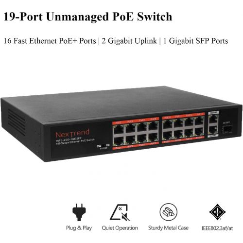  Visit the NexTrend Store 16 Port PoE Switch,NexTrend Desktop Unmanaged 16 Port Fast Ethernet PoE+ Plus 2 Gigabit Uplink,250W Power Budget,802.3at Compliant,Metal Housing,Fanless Design,48V Output Voltage