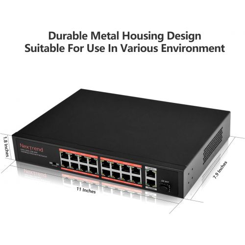  Visit the NexTrend Store 16 Port PoE Switch,NexTrend Desktop Unmanaged 16 Port Fast Ethernet PoE+ Plus 2 Gigabit Uplink,250W Power Budget,802.3at Compliant,Metal Housing,Fanless Design,48V Output Voltage