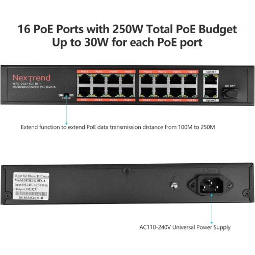  Visit the NexTrend Store 16 Port PoE Switch,NexTrend Desktop Unmanaged 16 Port Fast Ethernet PoE+ Plus 2 Gigabit Uplink,250W Power Budget,802.3at Compliant,Metal Housing,Fanless Design,48V Output Voltage