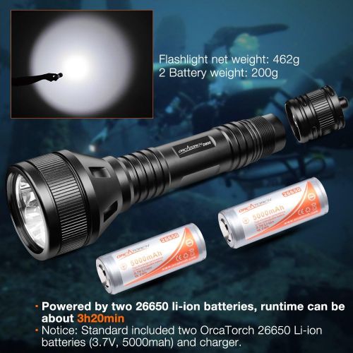  ORCATORCH D800 2100 Lumens Diving Main Light with 3 CREE LED, Powered by 2 26650 Batteries, Tail Rotary Switch, 150M Underwater, for Technical Diving, Wreck Diving, Cave Diving, Fi