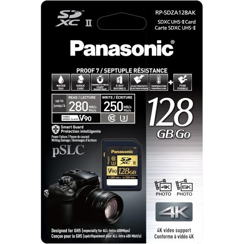 파나소닉 Panasonic SDZA Series SD Card, Smart Guard, Ultra high Speed UHS II SDXC, V90 90MBsec, 280MBSec. Read, 250 MBSec. Write, Class 3 (U3) & Class 10 Compatible, Black (RP-SDZA128AK)