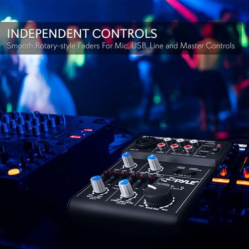  Pyle 2-Channel Audio Mixer - DJ Sound Controller Interface with USB Soundcard for PC Recording, XLR and 3.5mm Microphone Jack, 18V Power, RCA Input and Output for Professional and