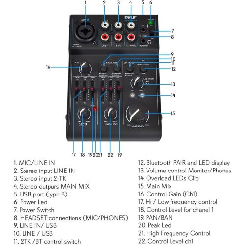  Pyle 2-Channel Audio Mixer - DJ Sound Controller Interface with USB Soundcard for PC Recording, XLR and 3.5mm Microphone Jack, 18V Power, RCA Input and Output for Professional and