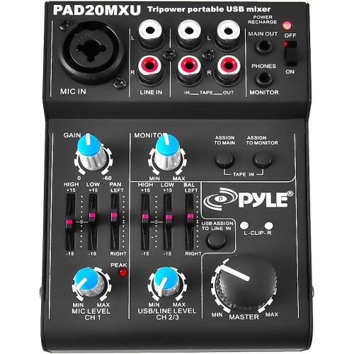  Pyle 2-Channel Audio Mixer - DJ Sound Controller Interface with USB Soundcard for PC Recording, XLR and 3.5mm Microphone Jack, 18V Power, RCA Input and Output for Professional and