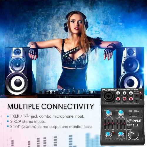  Pyle 2-Channel Audio Mixer - DJ Sound Controller Interface with USB Soundcard for PC Recording, XLR and 3.5mm Microphone Jack, 18V Power, RCA Input and Output for Professional and