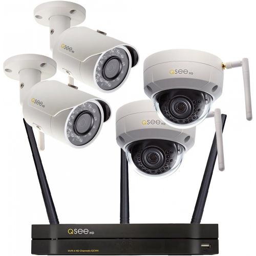  Q-See Surveillance System QCW4-4ER-1, 4-Channel Wi-Fi NVR with 1TB Hard Drive, 3-3MP1080p Wi-Fi Bullet and 1-3MP1080p Wi-Fi Dome Security Cameras