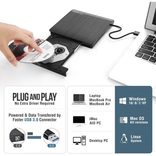  [아마존베스트]ROOFULL External DVD Drive USB 3.0, Portable CD DVD +/-RW Optical Drive Burner Writer for Windows 10/8 / 7 Laptop Desktop Mac MacBook Pro Air iMac HP Dell LG Asus Acer Lenovo Think