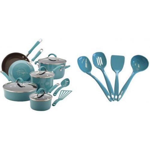  Rachael Ray Cucina Hard Porcelain Enamel Nonstick Cookware Set, 12-Piece, Agave Blue and Calypso Basics Utensil Set of 4, Turquoise Bundle