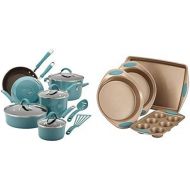 Rachael Ray Cucina Hard Porcelain Enamel Nonstick Cookware Set, 12-Piece, Agave Blue and Rachael Ray Cucina 4-Piece Bakeware Set, Latte Brown with Agave Blue Handle Grips Bundle