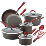 Rachael Ray Cucina Hard-Anodized Aluminum Nonstick Cookware Set, 12-Piece, Gray, Cranberry Red Handles