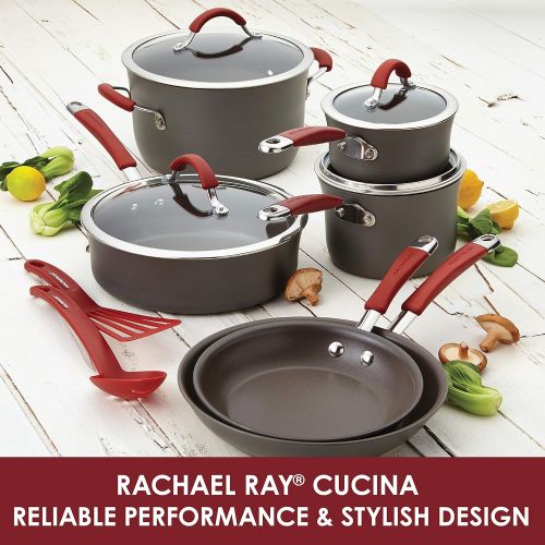  Rachael Ray Cucina Hard-Anodized Aluminum Nonstick Cookware Set, 12-Piece, Gray, Cranberry Red Handles