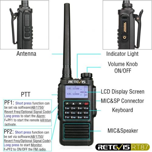  Retevis RT87 Two Way Radios IP67 Waterproof 128 Channels VOX Scan Security Long Range Walkie Talkies (Black,6 Pack) with FM Function