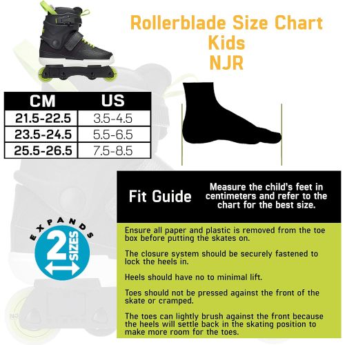 롤러블레이드 Rollerblade NJR Kids Size Adjustable Street Inline Skate, Black and Green, High Performance Inline Skates