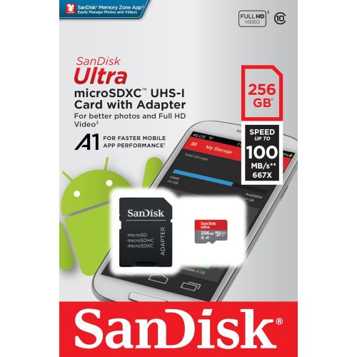 샌디스크 [아마존베스트]SanDisk 256GB Ultra microSDXC UHS-I Memory Card with Adapter - 100MB/s, C10, U1, Full HD, A1, Micro SD Card - SDSQUAR-256G-GN6MA