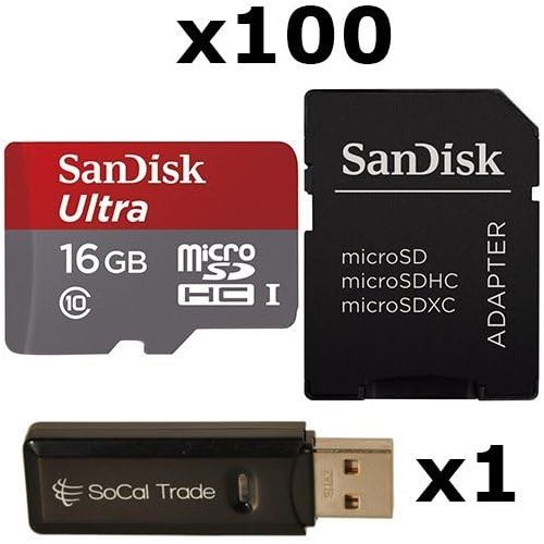 샌디스크 100 PACK - SanDisk 16GB MicroSD HC Ultra Class 10 UHS-1 TF MicroSDHC TransFlash High Speed Memory Card SDSDQUAN-016G 16G 16 GB GIGS (M.B16U.RTx100.550) LOT OF 100 with USB SoCal Tr
