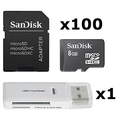 샌디스크 100 PACK - SanDisk 8GB MicroSD HC Memory Card SDSDQAB-008G (Bulk Packaging) LOT OF 100 with SD Adapter and USB 2.0 MicoSD & SD Memory Card Reader