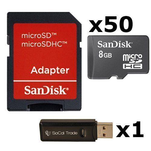 샌디스크 50 PACK - SanDisk 8GB MicroSD HC Memory Card SDSDQAB-008G (Bulk Packaging) LOT OF 50 with SD Adapter and USB 2.0 MicoSD & SD Memory Card Reader