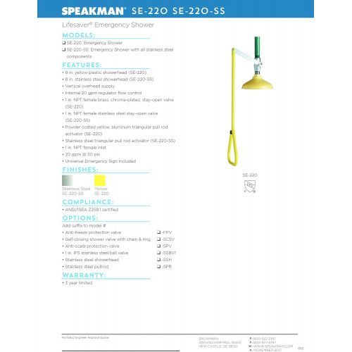  Visit the Speakman Store Speakman SE-220 Lifesaver Vertical Supply Emergency Shower, Yellow