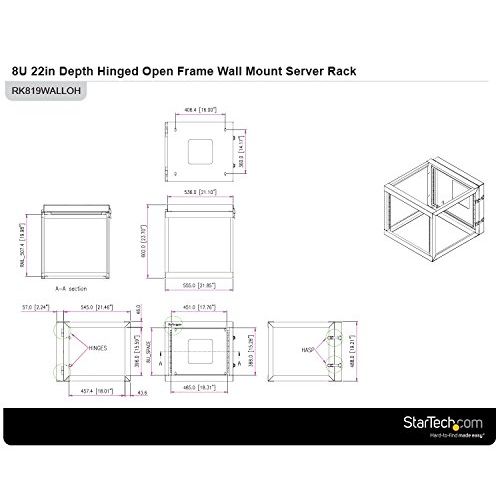  StarTech.com 8U 22-Inch Hinged Open Frame Rack Cabinet Wallmount Server Rack Components RK819WALLOH, Black