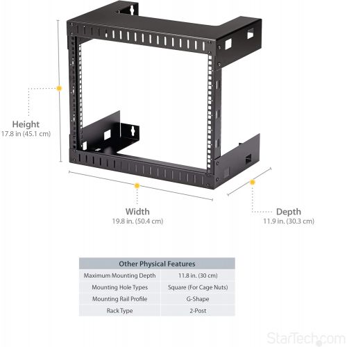  StarTech.com 8U 22-Inch Hinged Open Frame Rack Cabinet Wallmount Server Rack Components RK819WALLOH, Black