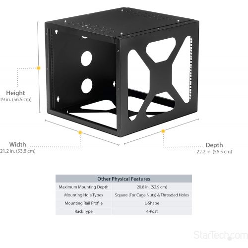  StarTech.com 8U 22-Inch Hinged Open Frame Rack Cabinet Wallmount Server Rack Components RK819WALLOH, Black