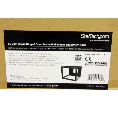  StarTech.com 8U 22-Inch Hinged Open Frame Rack Cabinet Wallmount Server Rack Components RK819WALLOH, Black