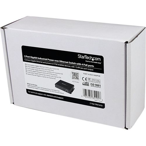  StarTech.com 5 Port Unmanaged Industrial Gigabit PoE Switch with 4 15.4W Power Over Ethernet Port (IES51000POE)