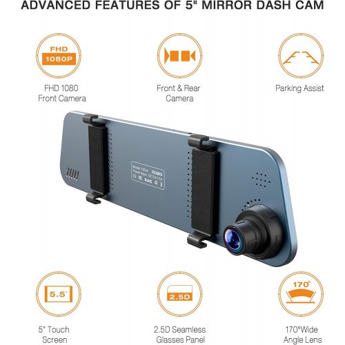  [아마존베스트]TOGUARD Backup Camera 5 LCD Mirror Dash Cam Rear View Mirror Camera Ultra-Thin Touch Screen Full HD 1080P Dash Cam Front and Rear Dual Lens with Waterproof Rear Camera