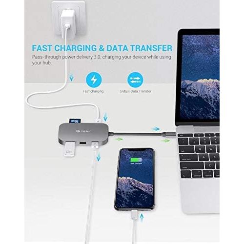  [아마존베스트]USB C Hub, TOTU 8-In-1 Type C Hub with Ethernet Port, 4K USB C to HDMI, 2 USB 3.0 Ports, 1 USB 2.0 Port, SD/TF Card Reader, USB-C Power Delivery, Portable for Mac Pro and Other Typ