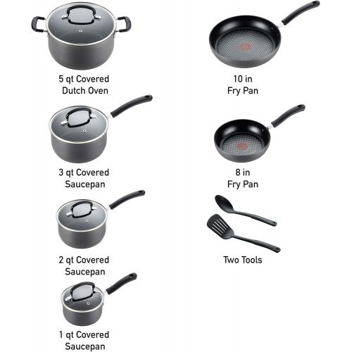 테팔 T-fal Hard Anodized Cookware Set, Nonstick Pots and Pans Set, 14 Piece, Thermo-Spot Heat Indicator, Gray