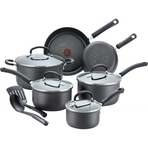 테팔 T-fal Hard Anodized Cookware Set, Nonstick Pots and Pans Set, 14 Piece, Thermo-Spot Heat Indicator, Gray