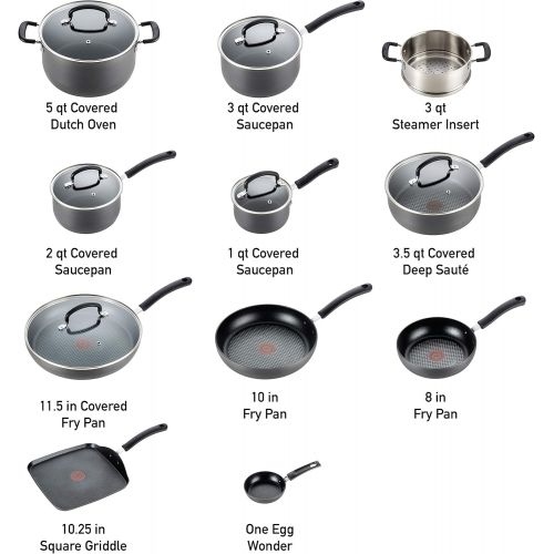 테팔 T-fal Hard Anodized Cookware Set, Nonstick Pots and Pans Set, 14 Piece, Thermo-Spot Heat Indicator, Gray