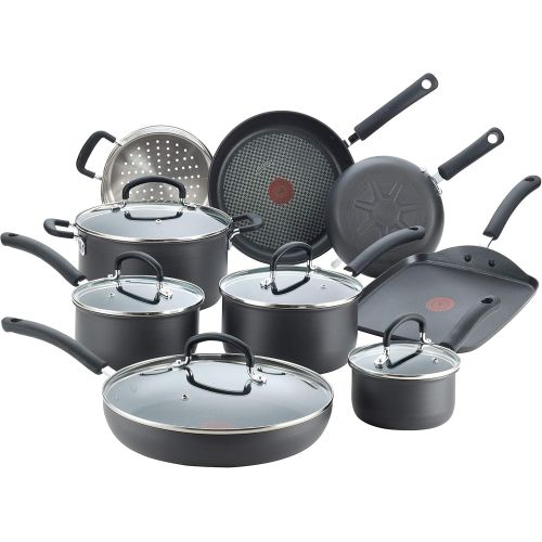 테팔 T-fal Hard Anodized Cookware Set, Nonstick Pots and Pans Set, 14 Piece, Thermo-Spot Heat Indicator, Gray