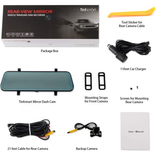  [아마존베스트]Tinfsmart Mirror Dash Cam Dual Dash Cam 10 Full HD Touch Screen Backup Camera for Car Stream Media Dual Len 170°1080P Front+150°1296P Rear View Dashcam WDR Night Version Loop Recording G-Sen