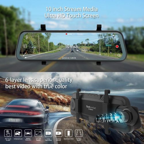  [아마존베스트]Tinfsmart Mirror Dash Cam Dual Dash Cam 10 Full HD Touch Screen Backup Camera for Car Stream Media Dual Len 170°1080P Front+150°1296P Rear View Dashcam WDR Night Version Loop Recording G-Sen