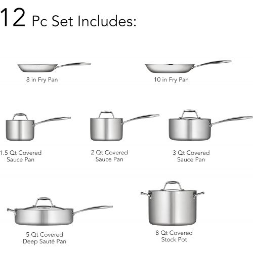  Tramontina 80116249DS Gourmet Stainless Steel Induction-Ready Tri-Ply Clad 12-Piece Cookware Set, NSF-Certified, Made in Brazil