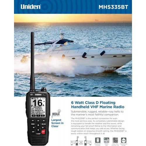  [아마존베스트]Uniden MHS335BT 6W Class D Floating Handheld VHF Marine Radio with Bluetooth, Text Message Directly to Other VHF Text Message Capable Radios, IPX8 Submersible Design