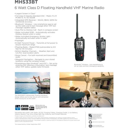  [아마존베스트]Uniden MHS335BT 6W Class D Floating Handheld VHF Marine Radio with Bluetooth, Text Message Directly to Other VHF Text Message Capable Radios, IPX8 Submersible Design