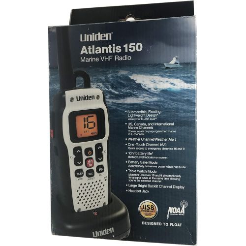  [아마존베스트]Uniden Atlantis 150 Handheld Floating WaterProof IPX8/JIS8 Level Submersible Two-Way VHF Marine Radio. 1/2.5 Watt. Lightweight Design, 10 Hour Battery Life, and Battery Save Mode.,