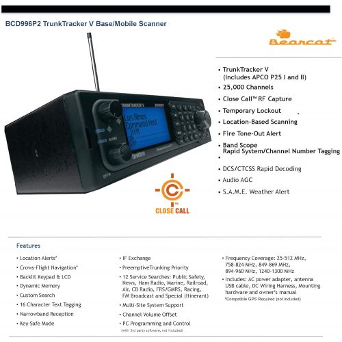  Uniden BCD996P2 Digital Mobile TrunkTracker V Scanner, 25,000 Dynamically Allocated Channels, Close Call RF Capture Technology, 4-Line Alpha display, BaseMobile Design, Phase 2, L