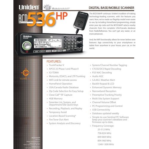  Uniden BCD536HP HomePatrol Series Digital Phase 2 BaseMobile Scanner with HPDB and Wi-Fi. Simple Programming, TrunkTracker V, S.A.M.E. EmergencyWeather Alert. Covers USA and Cana