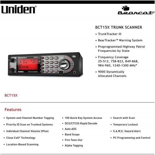  Uniden BearTracker Scanner (BCT15X) with 9,000 Channels, TrunkTracker III Technology, BaseMobile Design, Close Call RF Capture Technology with Location-Based Scanning, - Black Col