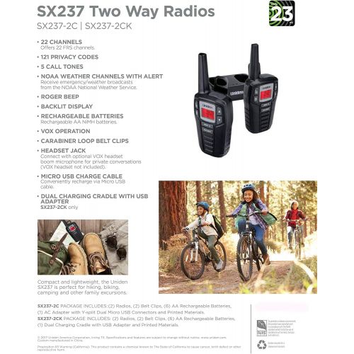  Uniden SX237-2CK, 23-Mile MicroUSB FRSGMRS Two-Way Radios with Dual Charging Kit, 22 Channels with 121 Privacy Codes, NOAA Weather Channels with Alert, 2-Pack, Black Color