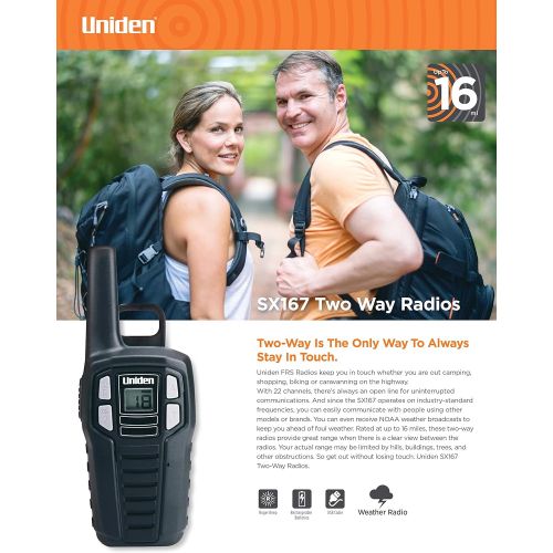  Uniden SX237-2CK, 23-Mile MicroUSB FRSGMRS Two-Way Radios with Dual Charging Kit, 22 Channels with 121 Privacy Codes, NOAA Weather Channels with Alert, 2-Pack, Black Color