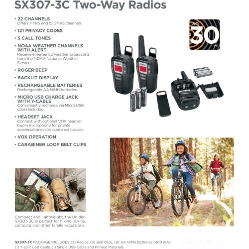  Uniden SX237-2CK, 23-Mile MicroUSB FRSGMRS Two-Way Radios with Dual Charging Kit, 22 Channels with 121 Privacy Codes, NOAA Weather Channels with Alert, 2-Pack, Black Color
