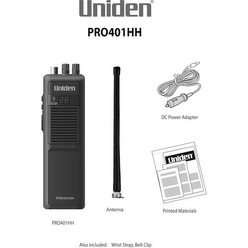  Uniden PRO401HH Professional Series 40 Channel Handheld CB Radio, 4 Watts Power with HiLow Power Switch, Auto Noise Cancellation, Belt Clip and Strap Included