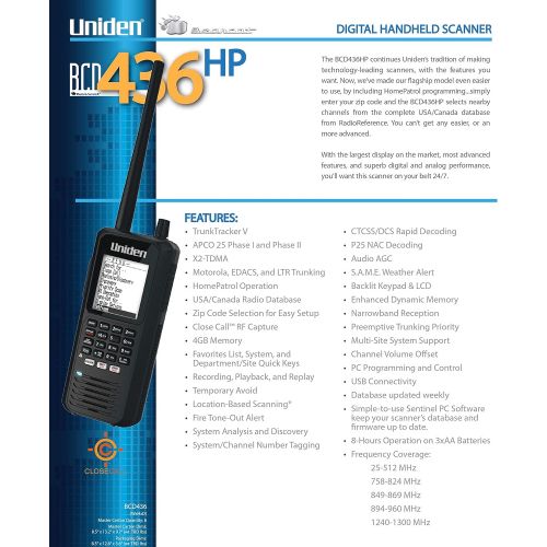  Uniden BCD436HP HomePatrol Series Digital Handheld Scanner. TrunkTracker V, Simple Programming, S.A.M.E. EmergencyWeather Alert, Covers USA and Canada