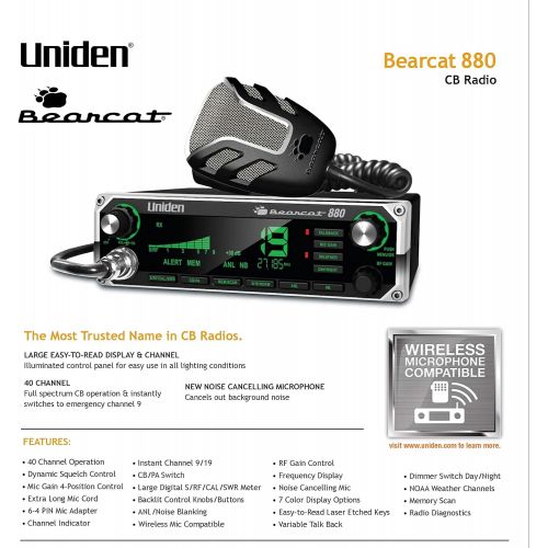  Uniden BEARCAT 980SSB 40- Channel SSB CB Radio with Sideband NOAA WeatherBand,7- Color Digital Display PACB Switch and Noise Cancelling Mic, Wireless Mic Compatible